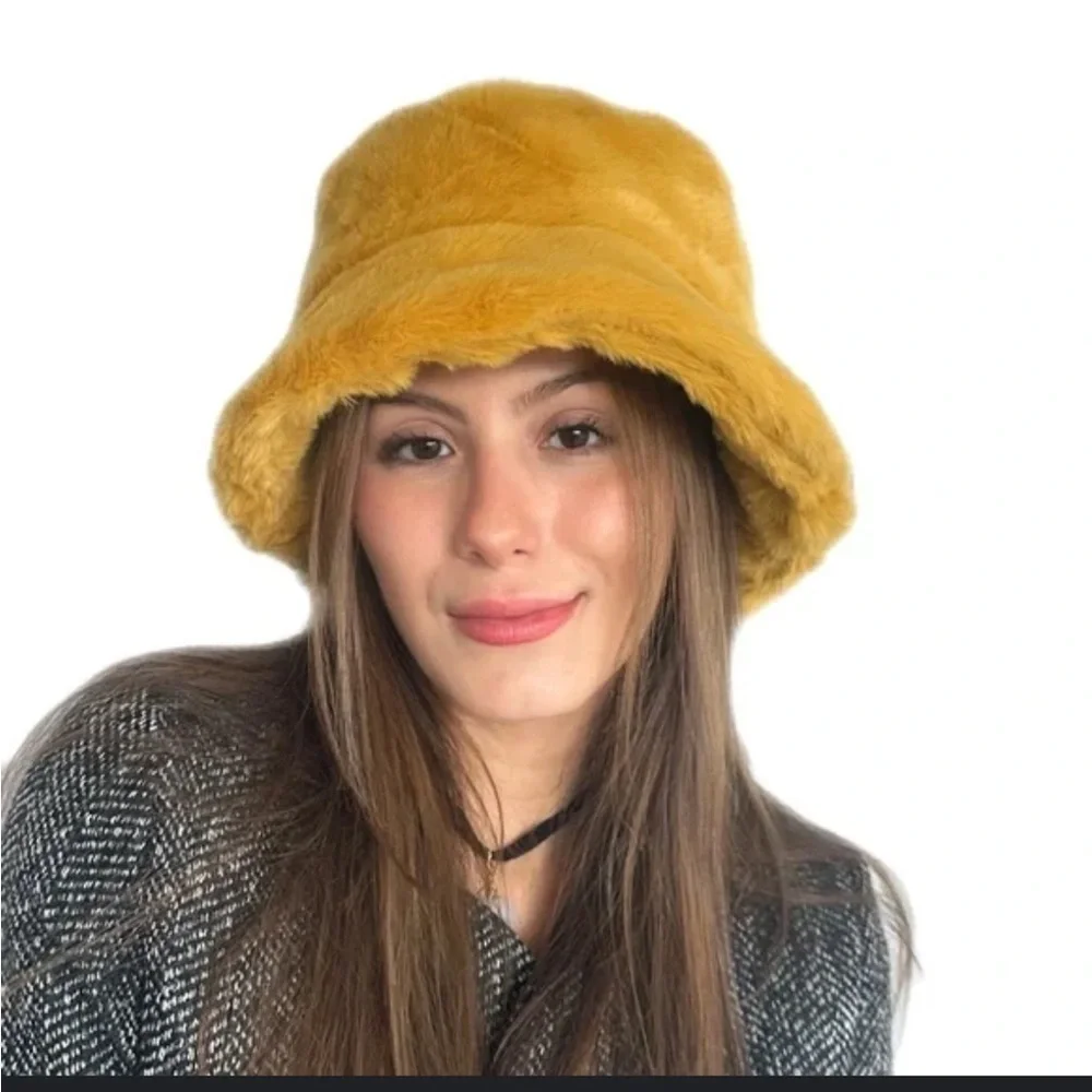 Ellas mustard yellow or bubble gum pink  faux fir look lined warm bucket hat